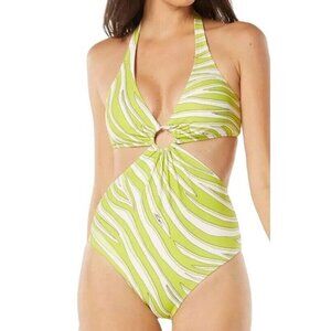 Michael Kors Sz 14 Swimsuit Logo Cutout Zebra Print Lime Maillot One Piece New